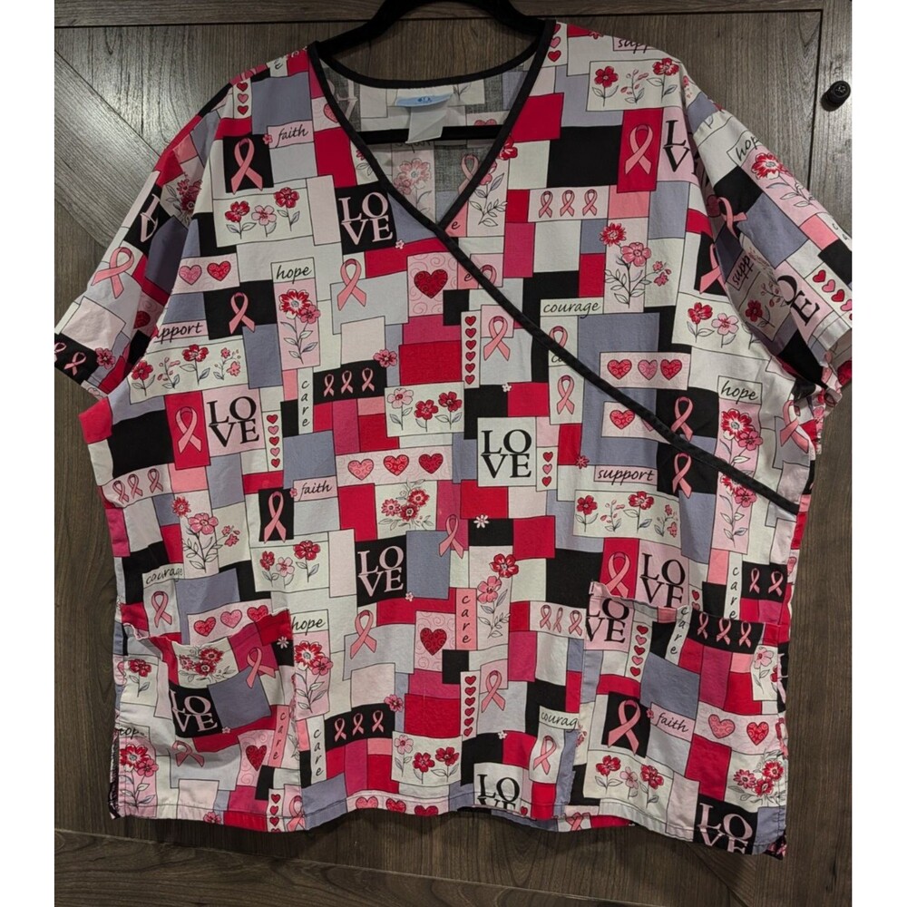 Breast Cancer Awareness Women's Scrub Top 2X Black/Red/Pink